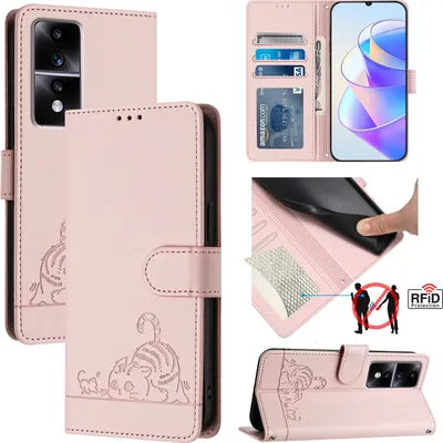 Produktbild von Leder Hülle für Honor 80 GT Süße Katze Flip Case Brieftasche Schutzhülle mit Standfunktion Pink