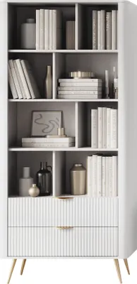Produktbild von MIRJAN24 Regal Lante, Bücherregal mit zwei Schubladen, Metallfüße und Aluminiumgriffe, 88x38x194 cm (Farbe: Weiß)