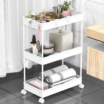 Produktbild von Ibenzoa® Weißer Rollwagen mit 6 Haken & 2 Körben, 22 x 40 x 61 cm – Multifunktionaler Aufbewahrungswagen mit Rollen für Küche, Bad, Garage