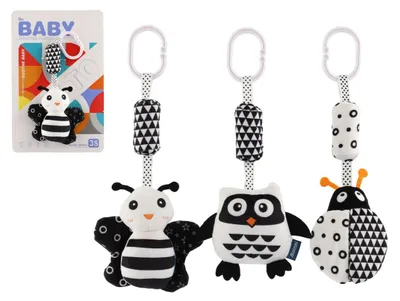 Immagine prodotto di Sonaglietto/pendente per culla/passeggino in peluche a colori contrastanti, 30 cm, bianco e nero, 3 modelli su cartoncino in bustina, 0+
