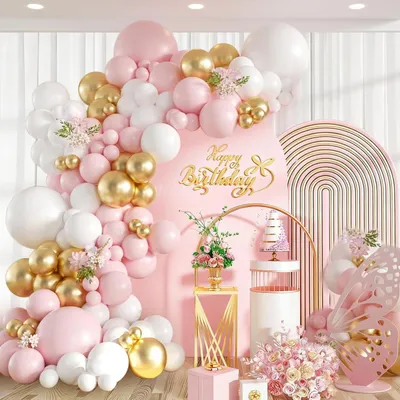 Productafbeelding van Ballonketting roze, wit en goud, 110 stuks, voor decoratie van een verjaardagsfeest