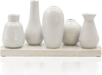 Produktbild von 5 Väschen "bauchig" auf  Tablett aus Keramik weiß klein