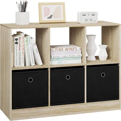 Produktbild von Bücherregal mit 3 Stoffschubladen und 6 Fächern | Hölleneiche | 80x30x60 cm