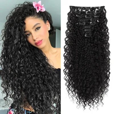 Obrázok produktu pre Clip-in vlasové extensiony, kučeravé, 9 kusov, 56 cm, čierna, syntetické