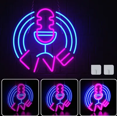 Obrázek produktu pro XMTECH neonové světlo pro podcast "LIVE" v růžové a modré barvě, ideální pro podcastová studia a moderní zařízení, včetně kabelu USB, model C