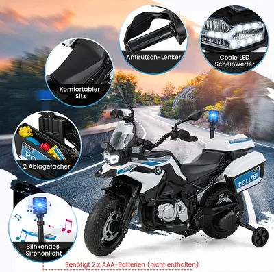 Produktbild von COSTWAY Polizeimotorrad für Kinder, Akkubetriebenes Motorrad mit 2 abnehmbaren Stützrädern, langsamer Start, Sirenenlicht, MP3, USB, Musik, BMW-lizensiertes Fahrzeug für 3-8 Jahre alte Kinder
