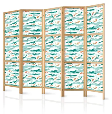 Immagine prodotto di Pannello divisorio giapponese, 5 ante, pieghevole, realizzato in tessuto non tessuto di alta qualità, con decorazioni di pesci, fiori e onde marine, ideale per l'ufficio, dimensioni 225 cm x 172 cm