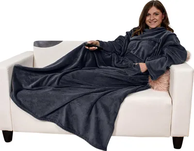 Produktbild von heimtexland ® Kuscheldecke Cashmere Feeling TV Decke mit Ärmeln und Tasche Ganzkörperdecke Sofadecke Flauschig Weich Wärmend Ärmeldecke Typ753 Schwarz