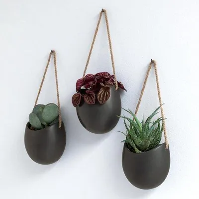 Productafbeelding van Wandplanters - Set van 3 hangende keramische plantenpotten - Zwart (mat)