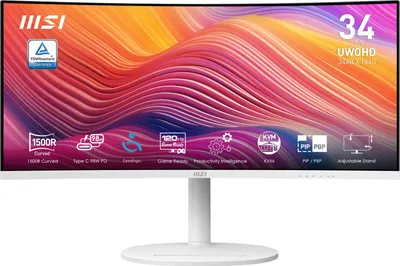 A white MSI computer monitor on a white stand, displaying a colorful abstract wallpaper.