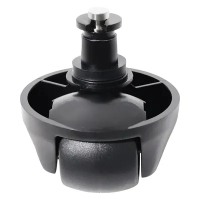 A close-up studio shot of a black vacuum cleaner wheel with a silver pin on top, against a white background.