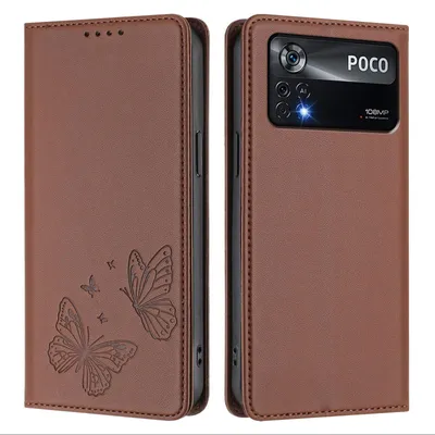 Produktbild von Lederhülle für Xiaomi Poco X4 Pro 5G, Schmetterling Prägung Leder Brieftasche Schutzhülle mit Ständer Braun