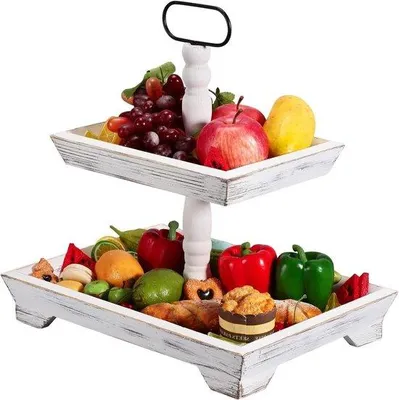 Productafbeelding van Dienblad met etages - Houten presentatie - Desserts serveren - Ruimtebesparend ontwerp - 40.5 x 30 x 48 cm - Wit