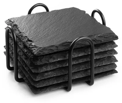 Schiefer-Untersetzer rund 10 cm, 6er-Set mit Halter, schwarz
