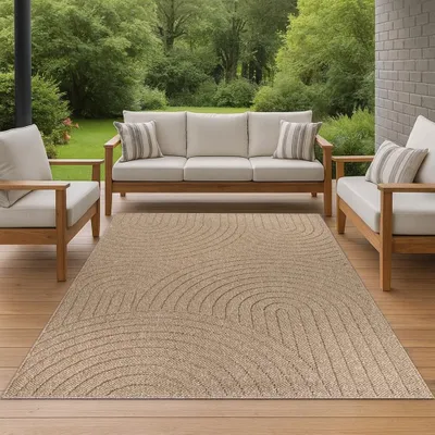 Produktbild von Teppich In- und Outdoor mit Kreislinien-Muster in Beige für moderne Wohn- und Außenbereiche Größe - 160 x 220 cm