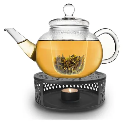 Produktbild von Creano Teekanne aus Glas 1,2l mit Glassieb und schwarzem Stövchen "Leaf"