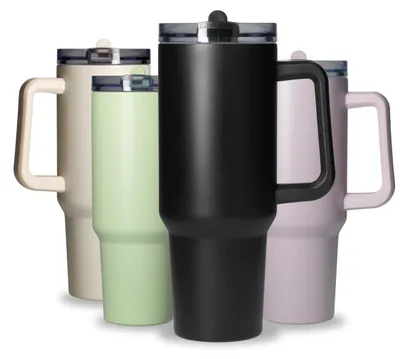 Image de Gobelet en acier inoxydable 1,2 L « Tampa » - Gobelet avec couvercle et paille pour boissons chaudes et froides  - noir