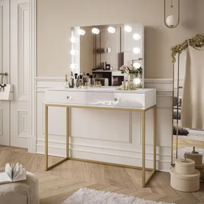 Produktbild von Schminktisch BLANCO GOLD ELITE mit Spiegel und Beleuchtung weiß Hochglanz mit Griffen
