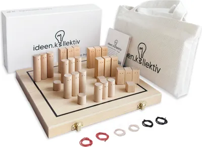 A wooden board game with wooden pieces, a box, and a fabric bag, presented on a white background.