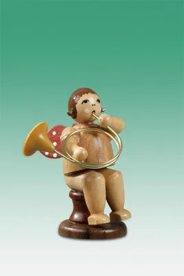 Produktbild von Holzfigur Musikantenengel mit Parforcehorn sitzend mit Krone natur Höhe 6,5cm NEU