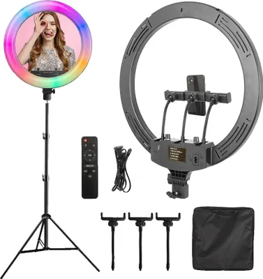 Imagen del producto de Anillo de luz para selfies regulable, de 18 pulgadas y con tecnología RGB, con brillo ajustable y un trípode de 190 cm con tecnología RGB