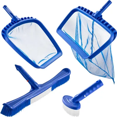 Immagine prodotto di Kit di pulizia per piscine SucceBuy con 2 testine rimovibili (51/14 cm) e 2 reti per skimmer, adatte a piscine interrate e fuori terra, ideali per foglie e maglie fini, senza pali