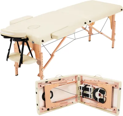 Produktbild von Yaheetech 2 Zonen Massageliege aus Holz, 213 x 82 cm, bis 250 kg, tragbar, klappbar, Massagetisch Kosmetikliege Tattooliege, Creme