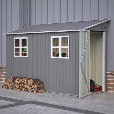 Produktbild von 4x10 Fuß Schwerlast Metallschuppen mit Boden-Kit Pultdach-Design mit links/rechts öffnender Doppeltür & 2 Fenstern Stabiler Geräteschuppen 1.2x3 m