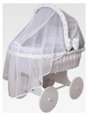 Produktbild von Stubenwagen-Set für Babys, XXL, komplett mit Ausstattung, 24 Modelle verfügbar, Gestell/Räder in Weiß lackiert, Stoffe in Grau mit grauen Sternen