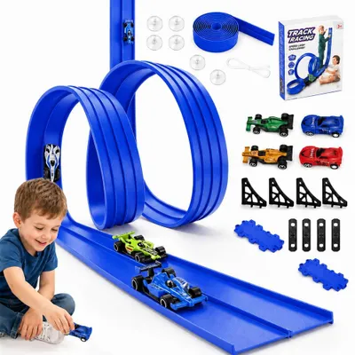 Immagine prodotto di Pista per corse automobilistiche flessibile per bambini, lunga 5 metri, con 4 macchinine