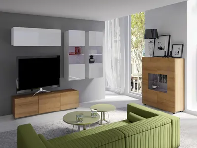 Produktbild von Wohnzimmer-Set CALABRINI-6 Wohnwand Hängewohnwand Schrankwand mit LED-Beleuchtung TV-Schrank Vitrine Kommode Anbauwand Hochglanz (Weiß + Eiche Gold)