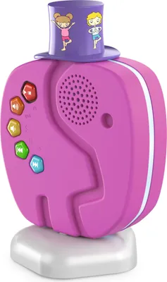 A pink elephant-shaped Bluetooth speaker with a purple hat on top, sitting on a white base.