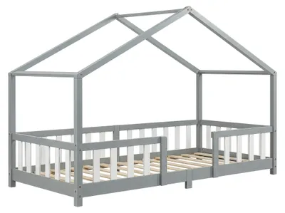 Produktbild von Kinderbett ’Treviolo‘ in Haus-Optik mit Rausfallschutz Kiefernholz 90 x 200 cm Hellgrau / Weiß
