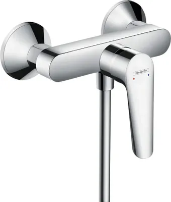 A chrome shower faucet with a single lever handle, mounted on a white background.