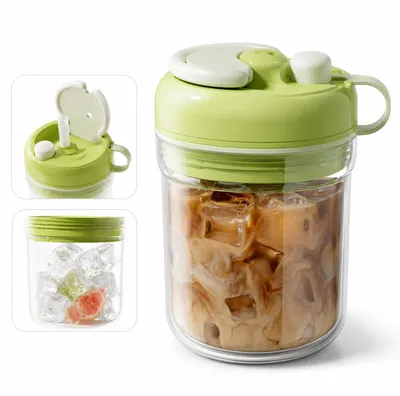 Produktbild von Iced Coffee Becher 380 ml mit Deckel und Strohhalm, wiederverwendbarer Eiswürfel Becher für Eiskaffee, Cold Brew, Tee und kalte Getränke