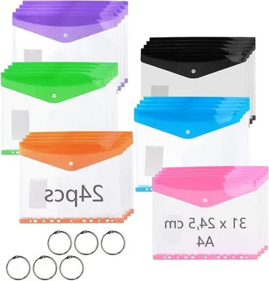 Produktbild von Famanu A4 Dokumentenmap Premium Transparent - 24 Stück - 6 Farben - 11 Lochrand - mit Druckknopf und Etikettenfach