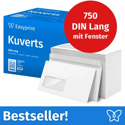 Produktbild von : Easyprint Briefumschläge mit Fenster, DIN Lang, unbedruckt, 750 Stück