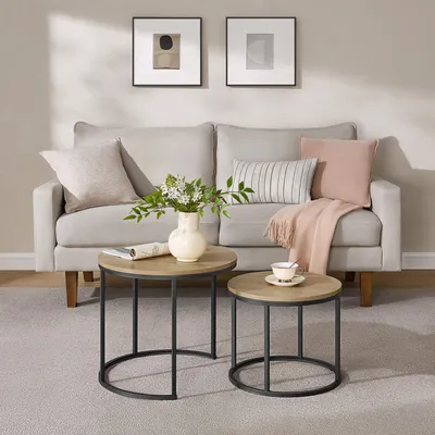 Produktbild von Couchtisch 2er Set Rund Beistelltisch Loft Design 2 in 1 Verschachtelung kratzfeste Oberfläche, Wohnzimmer | 53cm und 43cm Breit Sonoma Eiche mit schwarzen Beinen