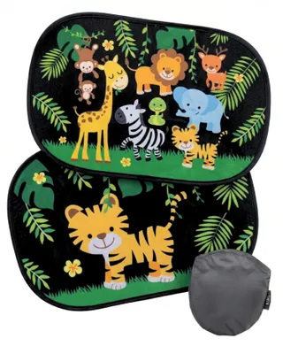 Immagine prodotto di 2x HECKBO Tendine parasole auto per bambini con motivo giungla | 8 ventose, protezione UV, pieghevoli con custodia | 48 × 31 cm