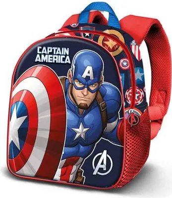 A close-up, front-facing view of a Captain America themed children's backpack.