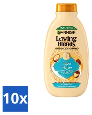 Imagen del producto de 10 champús Garnier Loving Blends, fórmula rica en aceite de argán para cabello muy seco, 300 ml. Paquete económico de 10 unidades