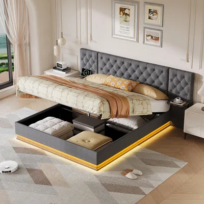Immagine prodotto di Letto imbottito ProximaX, dimensioni 160x200 cm, grigio, con spazio contenitore, illuminazione LED e funzione di ricarica USB-C