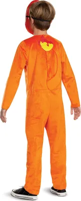 A child wearing an orange costume from behind, with a red mask.