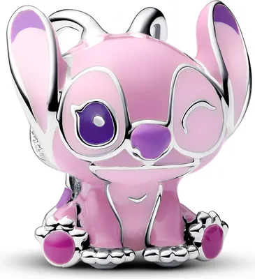 A pink and purple charm shaped like a cartoon character, with silver accents.