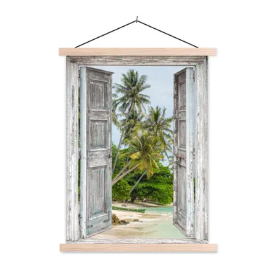 Produktbild von MuchoWow® Textilposter Tropisch - Palme - Blick - Meer 60x80 cm mit holzfarbenen Rahmen - Wandbild