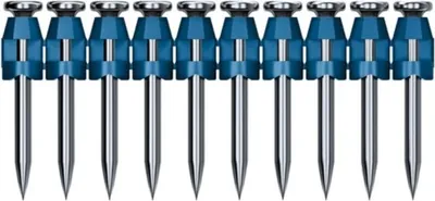 A row of identical nails with blue plastic heads and silver metal shafts, arranged side-by-side against a white background.