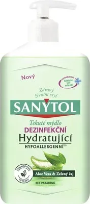 A bottle of Sanytol hand soap with aloe vera and green tea.