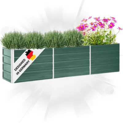 A green raised garden bed filled with plants and flowers, with a "Designed in Germany" label.