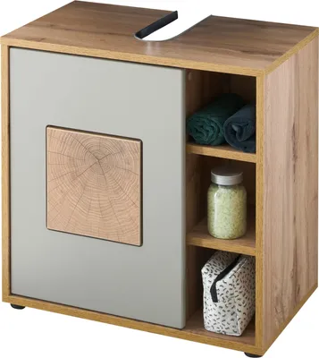 Obrázek produktu pro GREECE Badezimmer Waschbeckenunterschrank in Basalt, Wotan Eiche Optik mit Hirnholz-Applikationen - Bad Unterschrank Badezimmerschrank mit viel Stauraum - 60 x 60 x 35 cm (B/H/T)