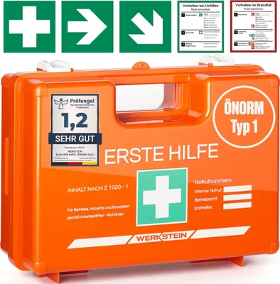 Produktbild von Erste Hilfe Kasten ÖNORM Z1020 Typ1 - Verbandskasten inkl. praktischer Wandhalterung, 5x Aufkleber, Gesichtsmasken, Feuchttücher & Plombe - Erste Hilfe Koffer für Betriebe, Einrichtungen & Zuhause